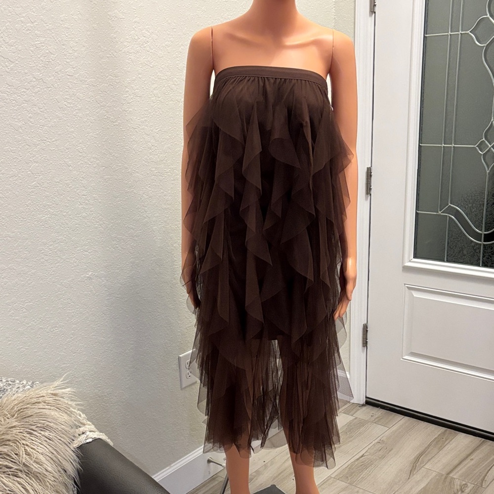 Strapless Layered Tulle Dress in Chocolate Brown